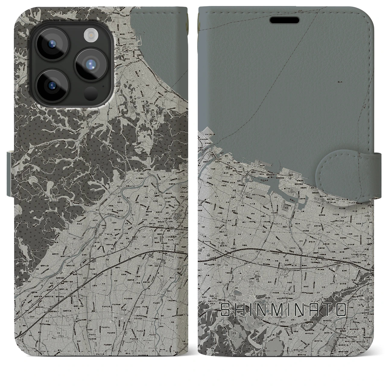 【新湊(富山県)】地図柄iPhoneケース(手帳タイプ)モノトーン・iPhone 15 Pro Max 用