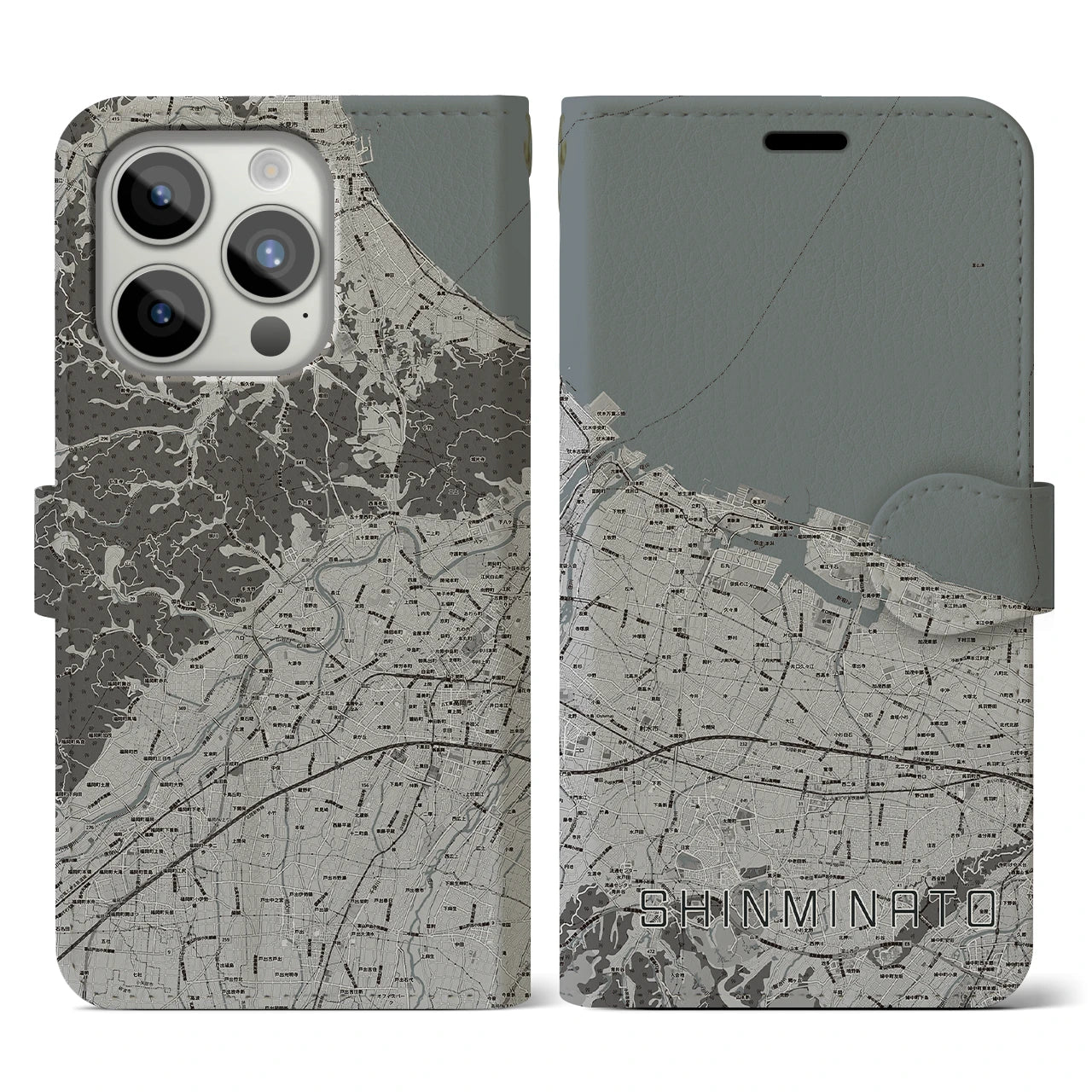 【新湊(富山県)】地図柄iPhoneケース(手帳タイプ)モノトーン・iPhone 15 Pro 用