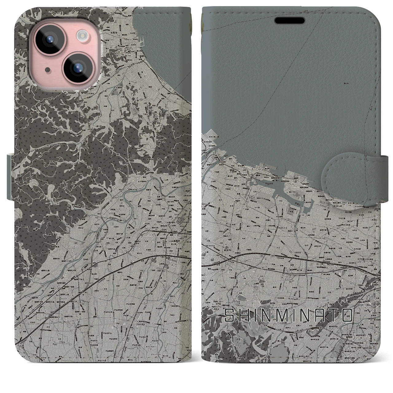 【新湊(富山県)】地図柄iPhoneケース(手帳タイプ)モノトーン・iPhone 15 Plus 用