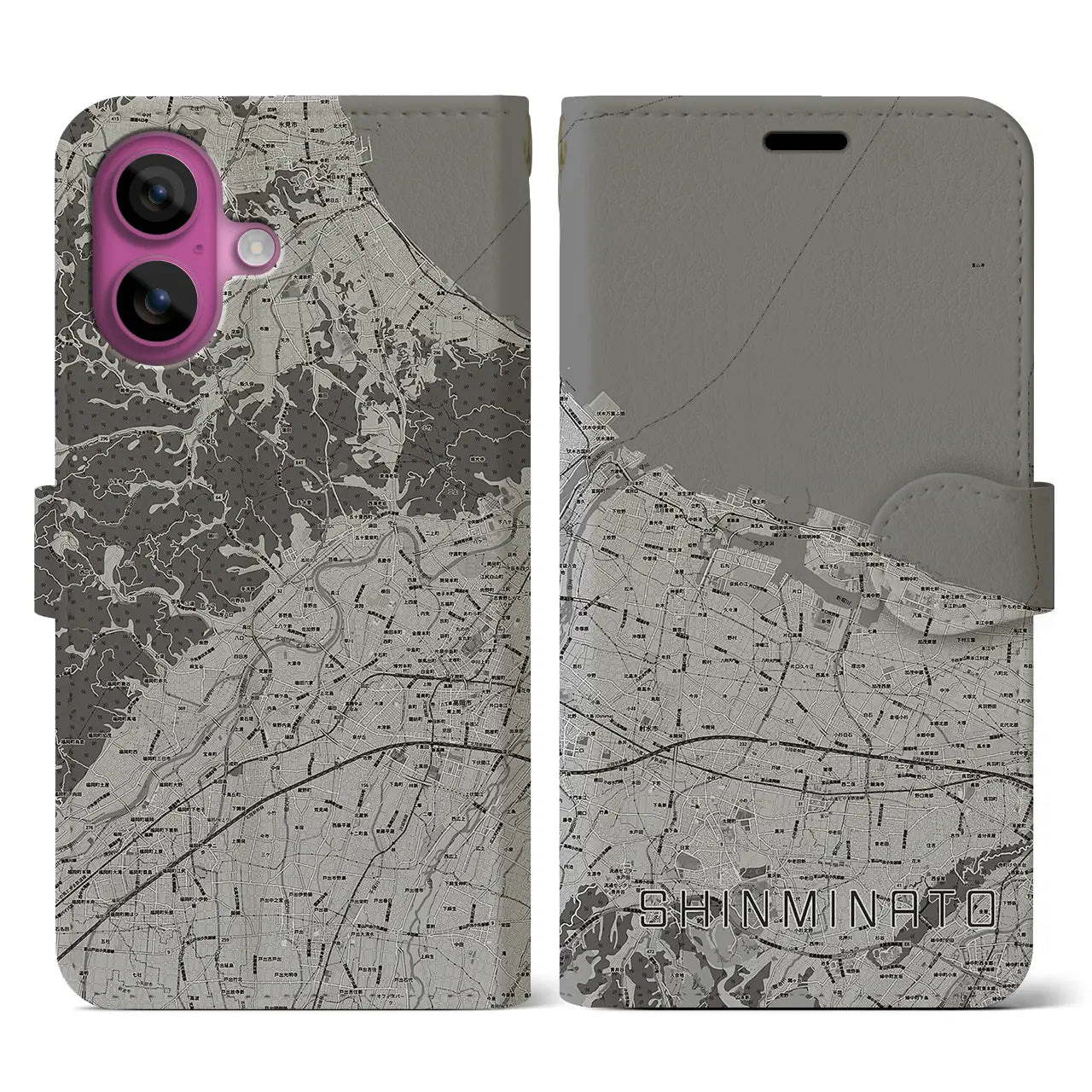 【新湊(富山県)】地図柄iPhoneケース(手帳タイプ)モノトーン・iPhone 16 Pro 用
