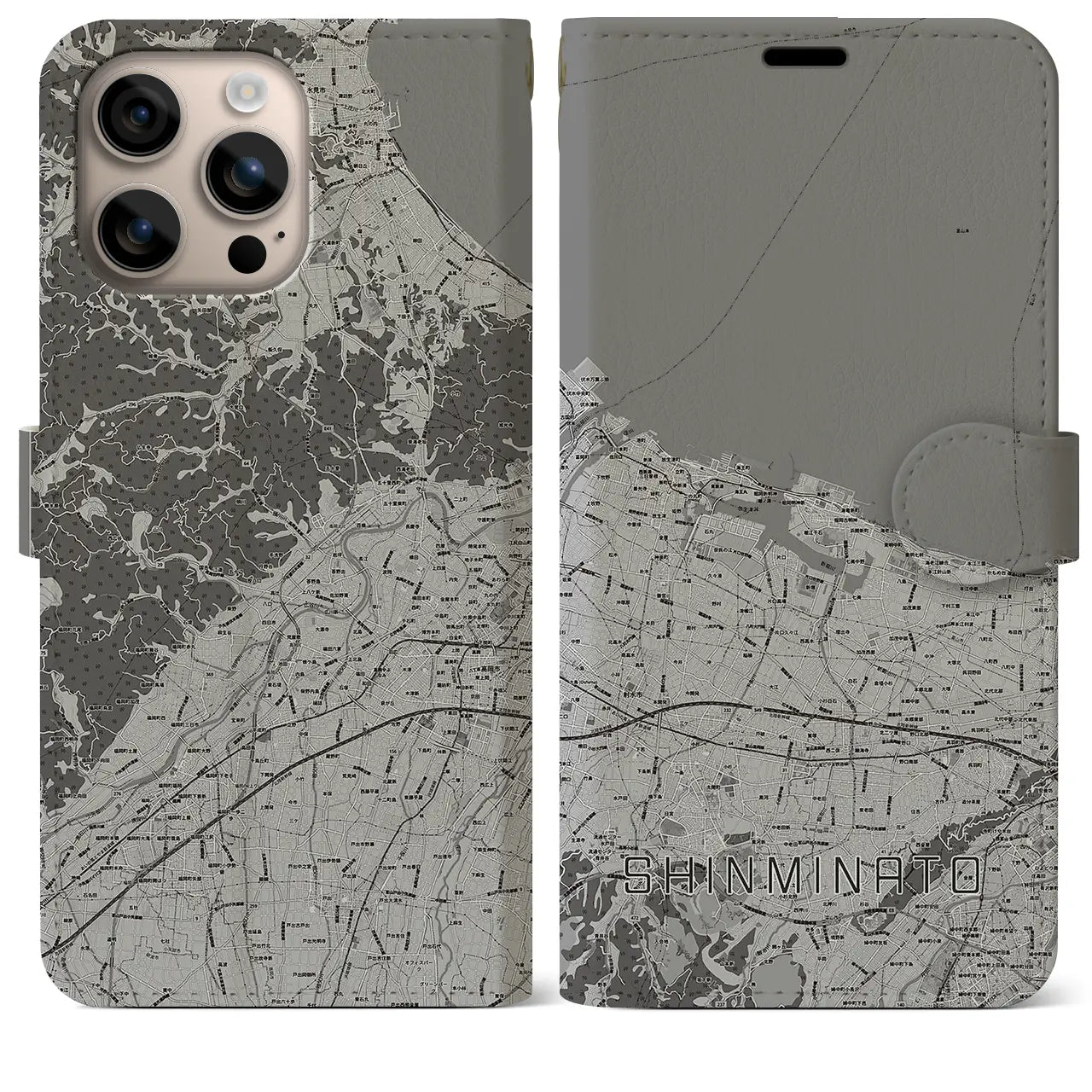 【新湊(富山県)】地図柄iPhoneケース(手帳タイプ)モノトーン・iPhone 16 Plus 用