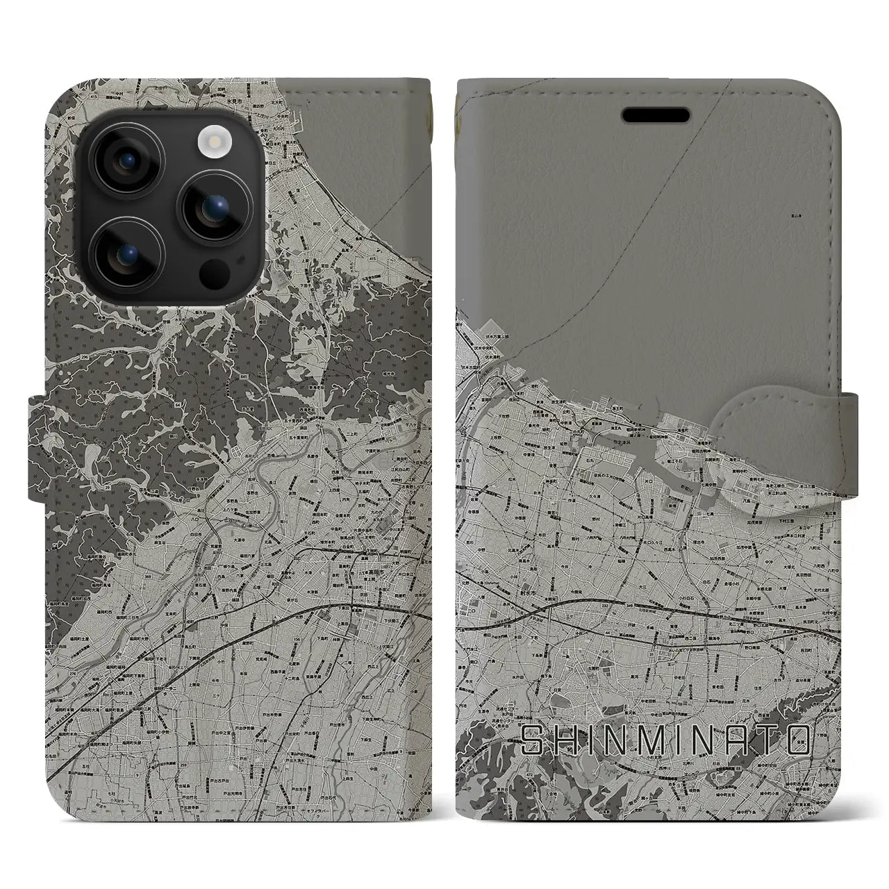 【新湊(富山県)】地図柄iPhoneケース(手帳タイプ)モノトーン・iPhone 16 用