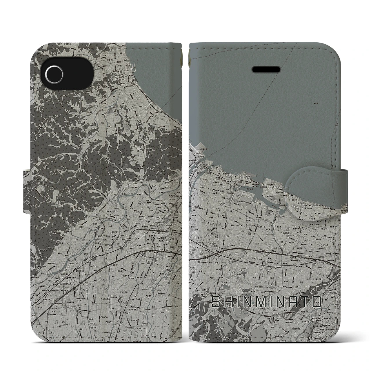 【新湊(富山県)】地図柄iPhoneケース(手帳タイプ)モノトーン・iPhone SE(第3 / 第2世代) / 8 / 7 / 6s / 6 用