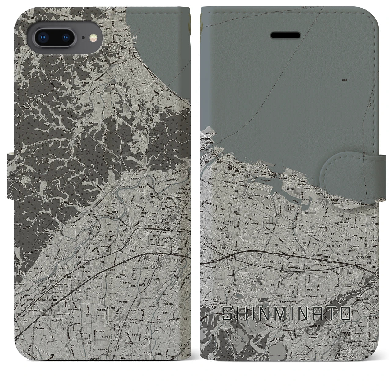 【新湊(富山県)】地図柄iPhoneケース(手帳タイプ)モノトーン・iPhone 8Plus /7Plus / 6sPlus / 6Plus 用