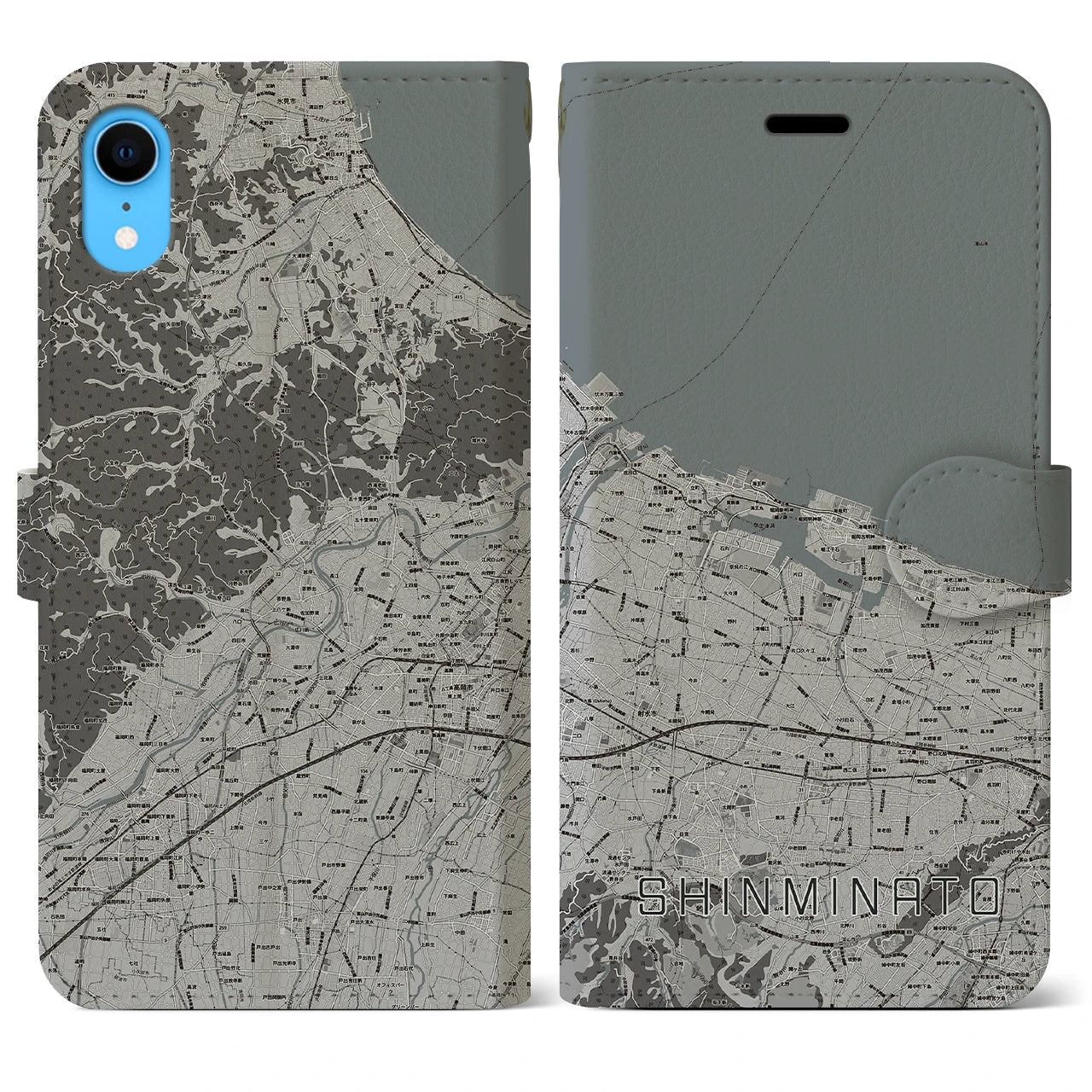 【新湊(富山県)】地図柄iPhoneケース(手帳タイプ)モノトーン・iPhone XR 用