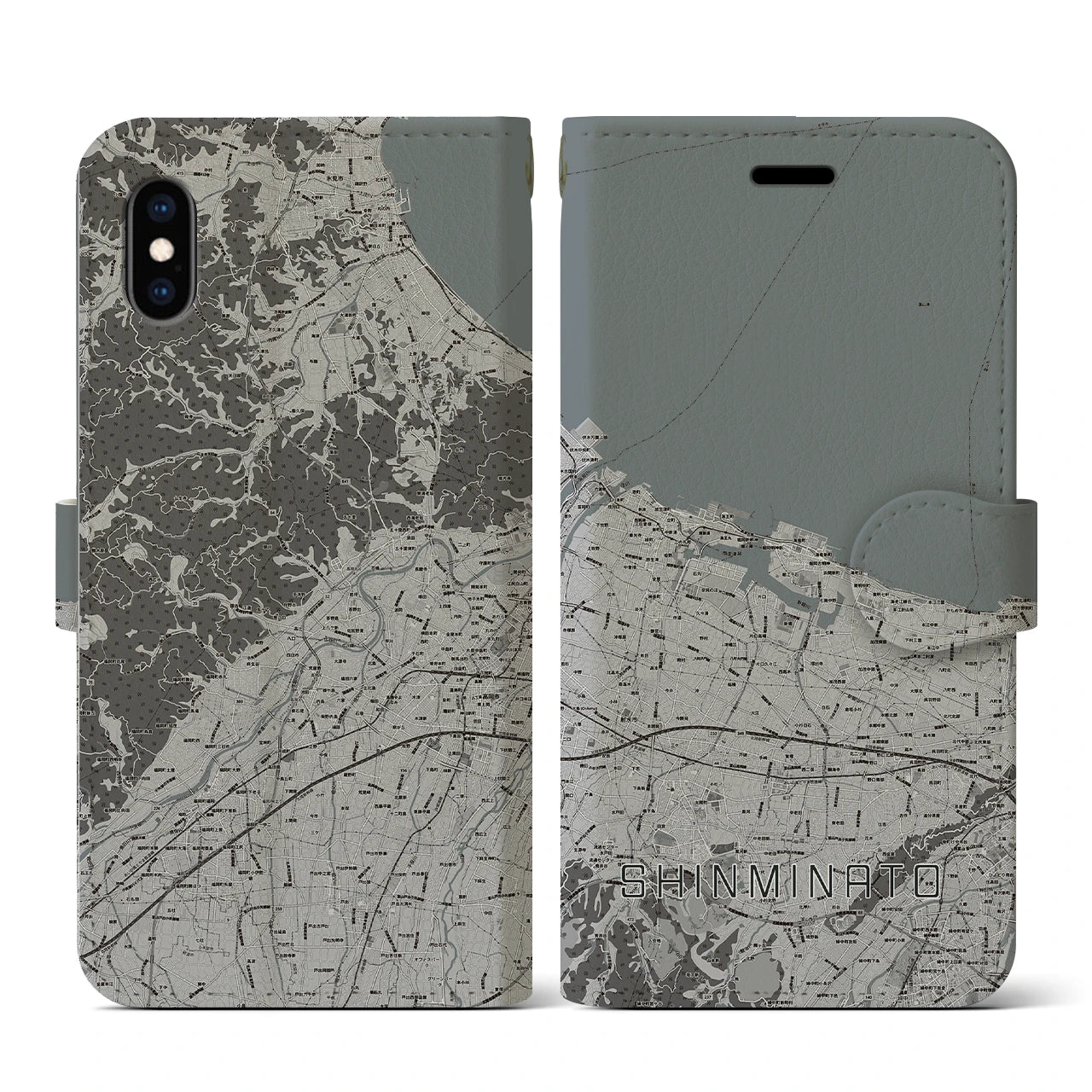 【新湊(富山県)】地図柄iPhoneケース(手帳タイプ)モノトーン・iPhone XS / X 用