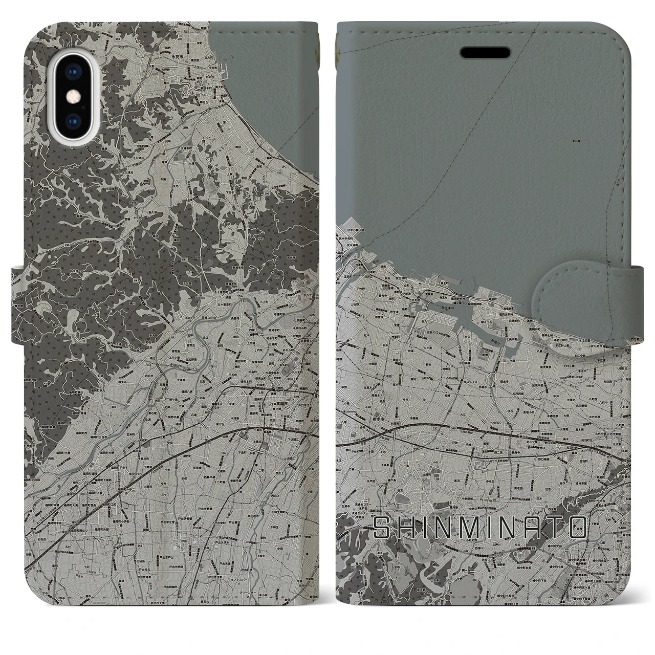 【新湊(富山県)】地図柄iPhoneケース(手帳タイプ)モノトーン・iPhone XS Max 用