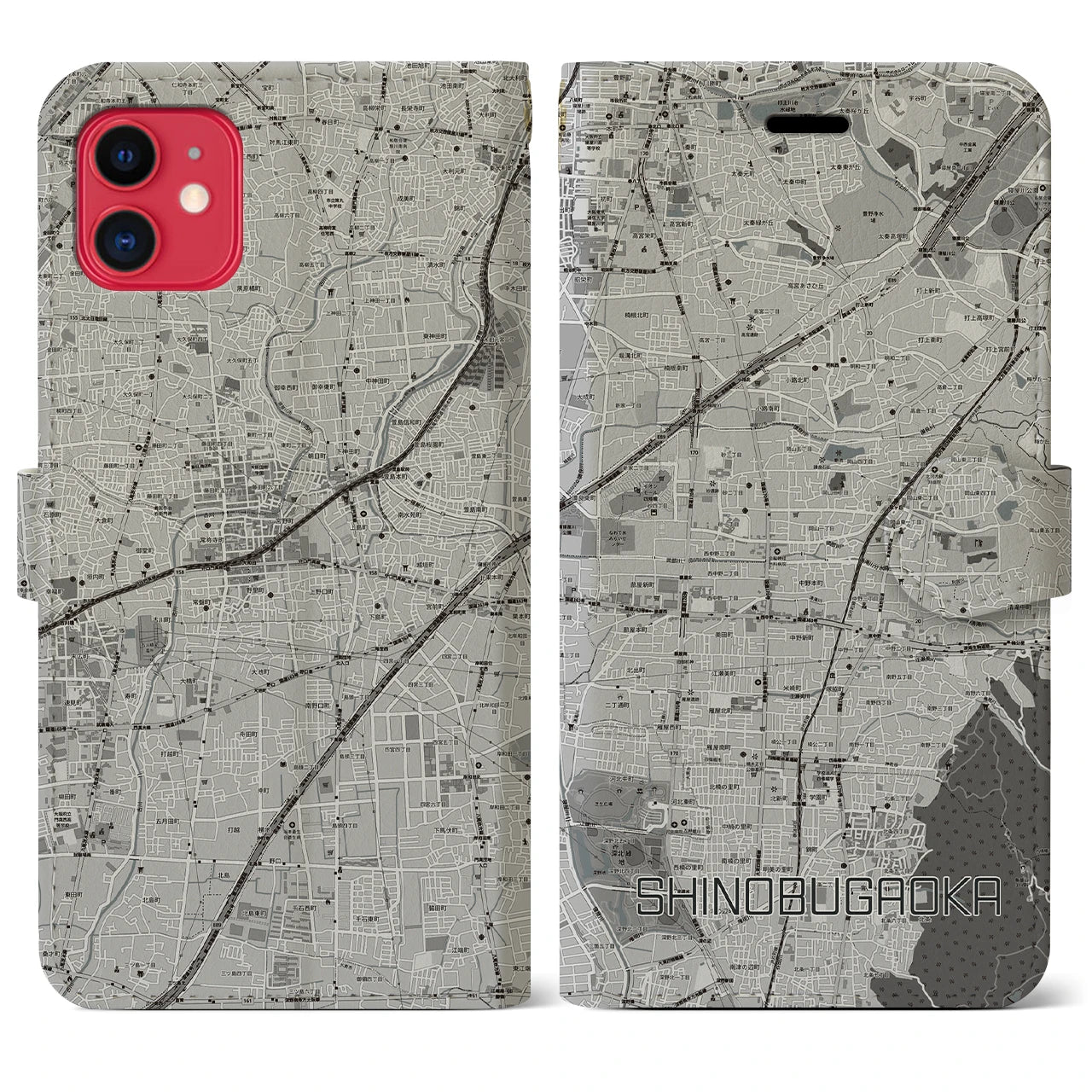 【忍ケ丘(大阪府)】地図柄iPhoneケース(手帳タイプ)モノトーン・iPhone 11 用