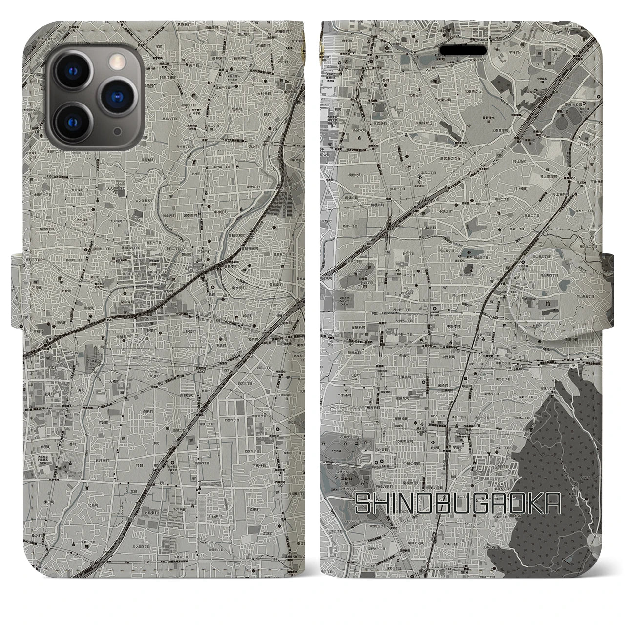 【忍ケ丘(大阪府)】地図柄iPhoneケース(手帳タイプ)モノトーン・iPhone 11 Pro Max 用