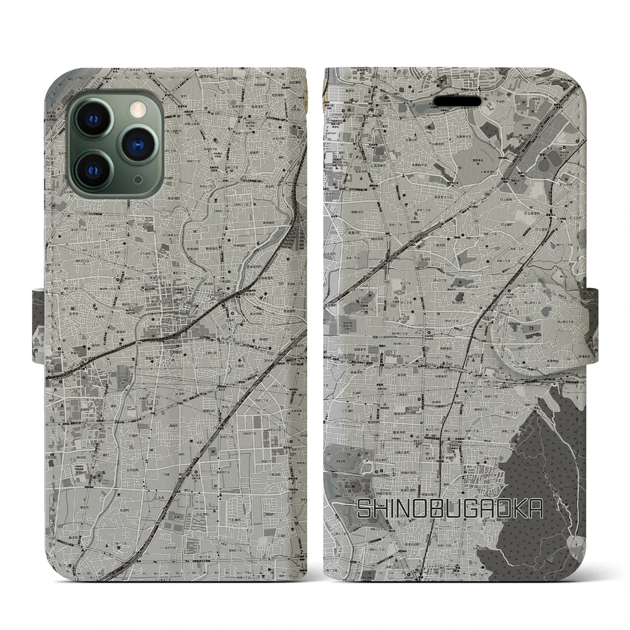 【忍ケ丘(大阪府)】地図柄iPhoneケース(手帳タイプ)モノトーン・iPhone 11 Pro 用