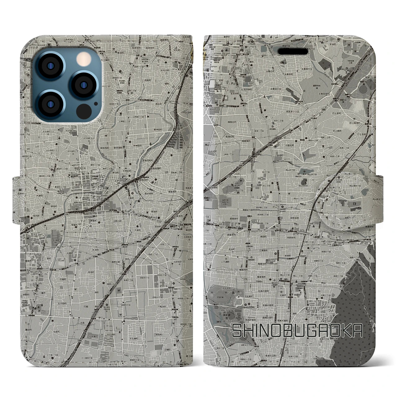 【忍ケ丘(大阪府)】地図柄iPhoneケース(手帳タイプ)モノトーン・iPhone 12 / 12 Pro 用