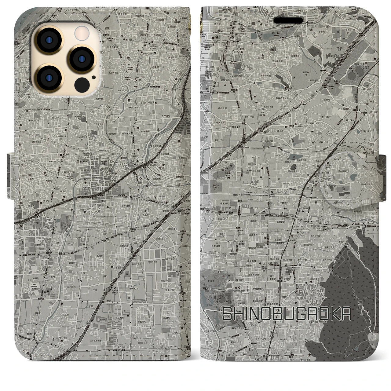 【忍ケ丘(大阪府)】地図柄iPhoneケース(手帳タイプ)モノトーン・iPhone 12 Pro Max 用