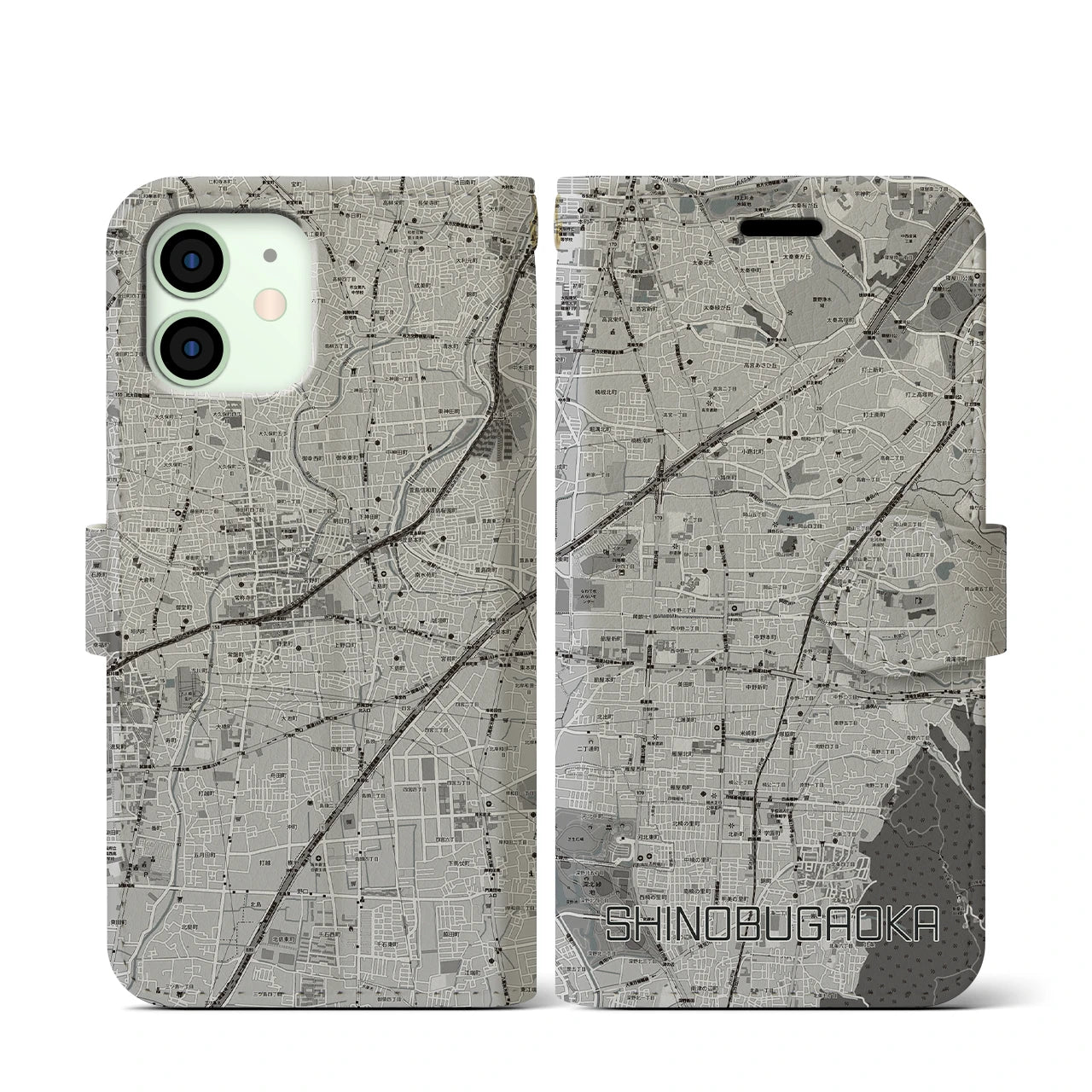 【忍ケ丘(大阪府)】地図柄iPhoneケース(手帳タイプ)モノトーン・iPhone 12 mini 用