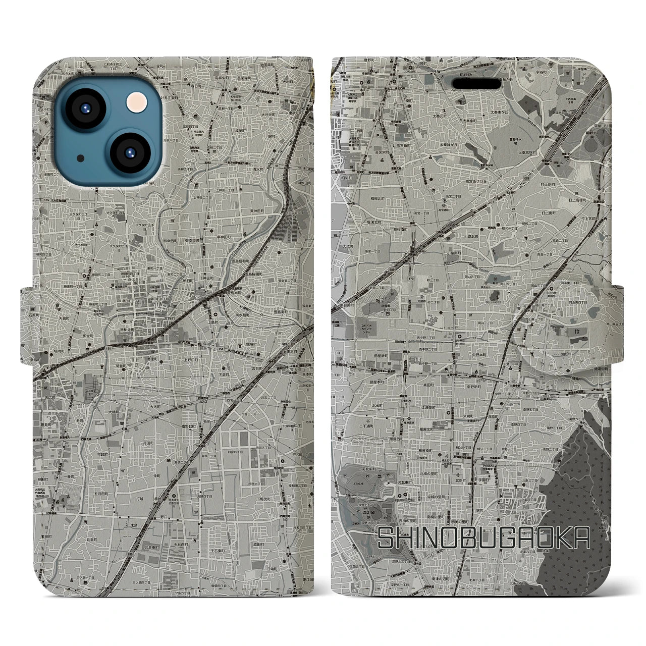 【忍ケ丘(大阪府)】地図柄iPhoneケース(手帳タイプ)モノトーン・iPhone 13 用