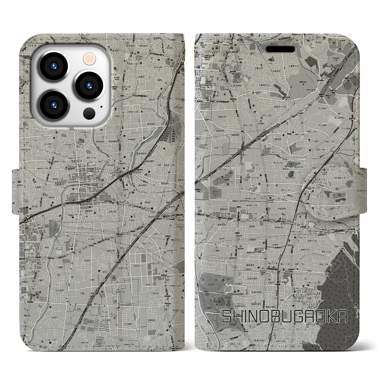 【忍ケ丘(大阪府)】地図柄iPhoneケース(手帳タイプ)モノトーン・iPhone 13 Pro 用