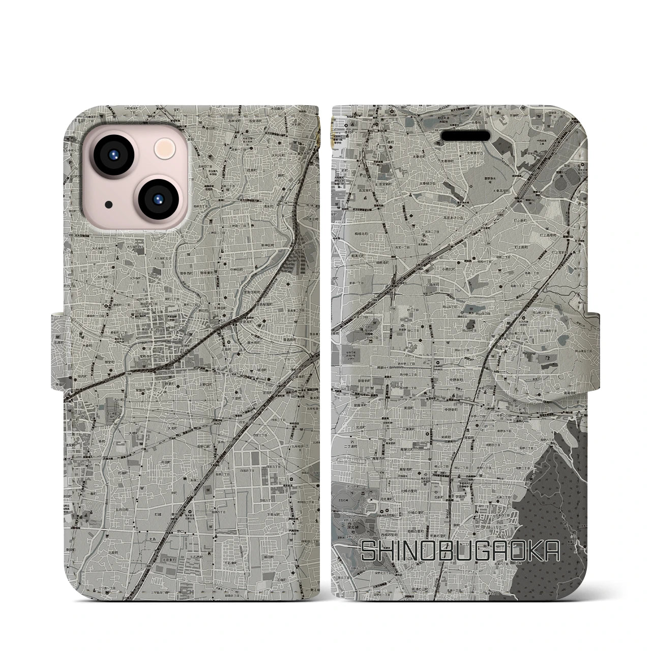 【忍ケ丘(大阪府)】地図柄iPhoneケース(手帳タイプ)モノトーン・iPhone 13 mini 用