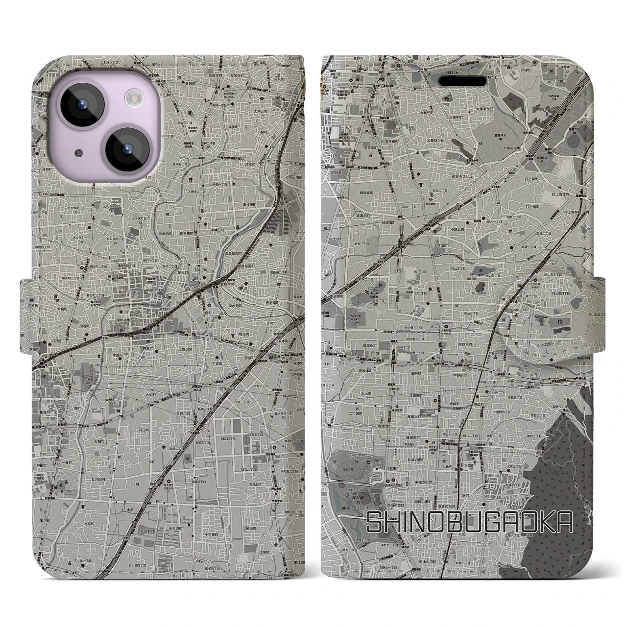 【忍ケ丘(大阪府)】地図柄iPhoneケース(手帳タイプ)モノトーン・iPhone 14 用