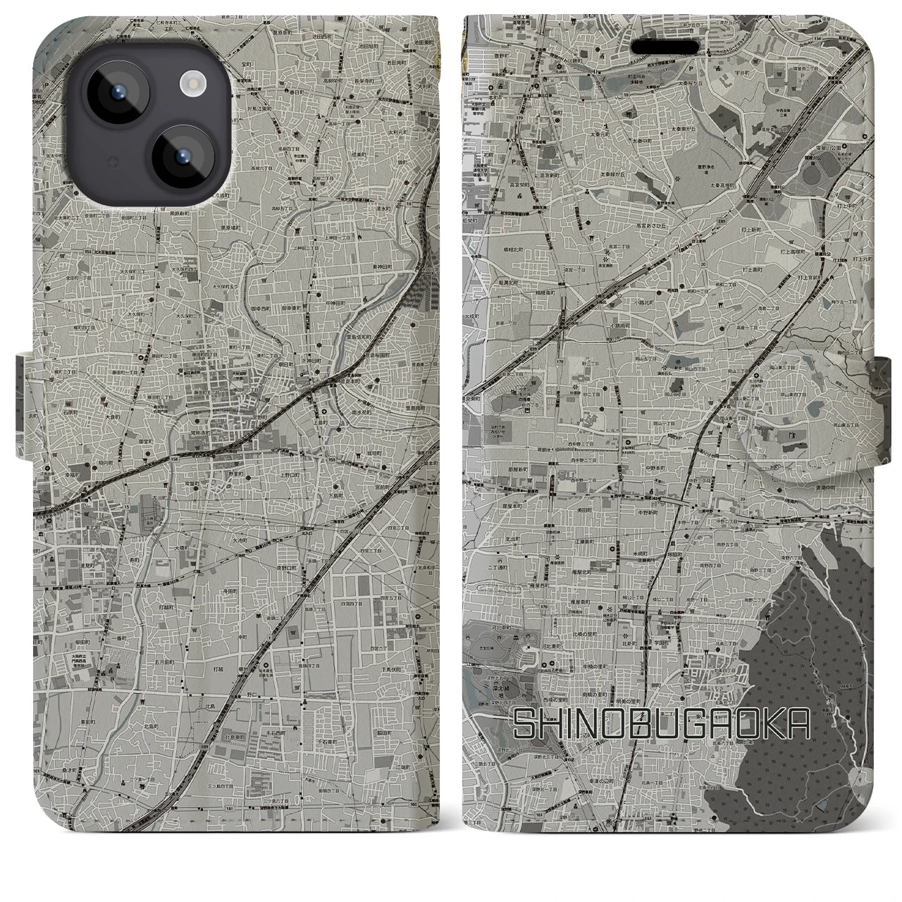 【忍ケ丘(大阪府)】地図柄iPhoneケース(手帳タイプ)モノトーン・iPhone 14 Plus 用