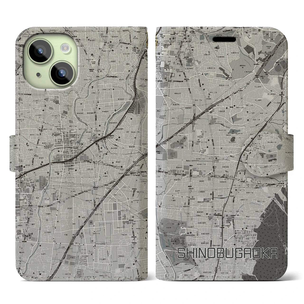 【忍ケ丘(大阪府)】地図柄iPhoneケース(手帳タイプ)モノトーン・iPhone 15 用