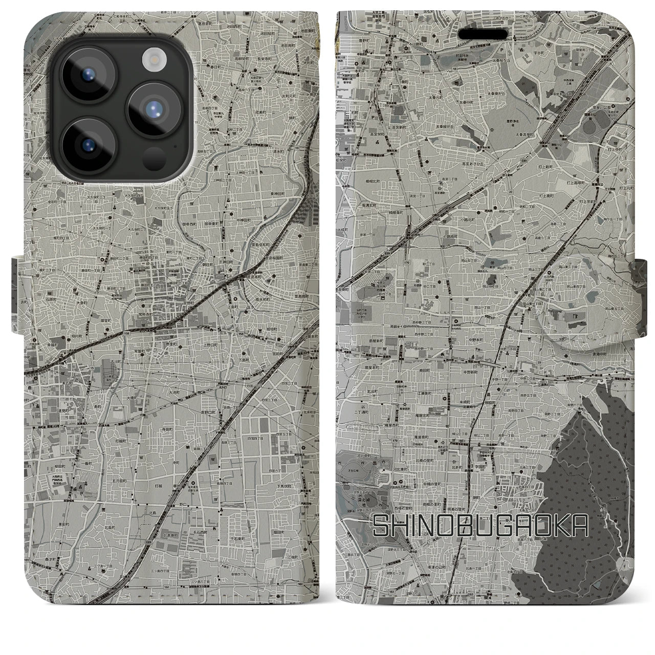 【忍ケ丘(大阪府)】地図柄iPhoneケース(手帳タイプ)モノトーン・iPhone 15 Pro Max 用