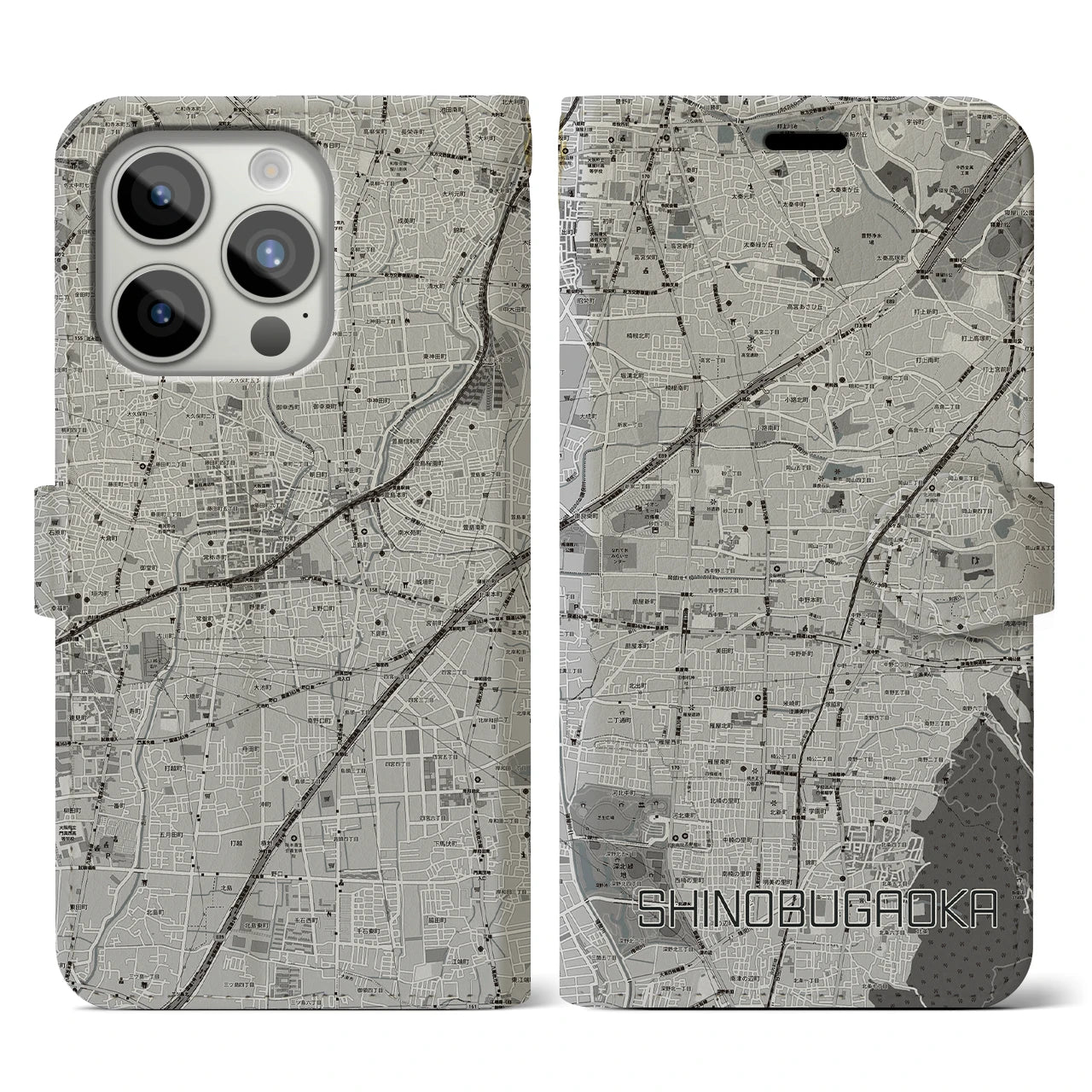 【忍ケ丘(大阪府)】地図柄iPhoneケース(手帳タイプ)モノトーン・iPhone 15 Pro 用