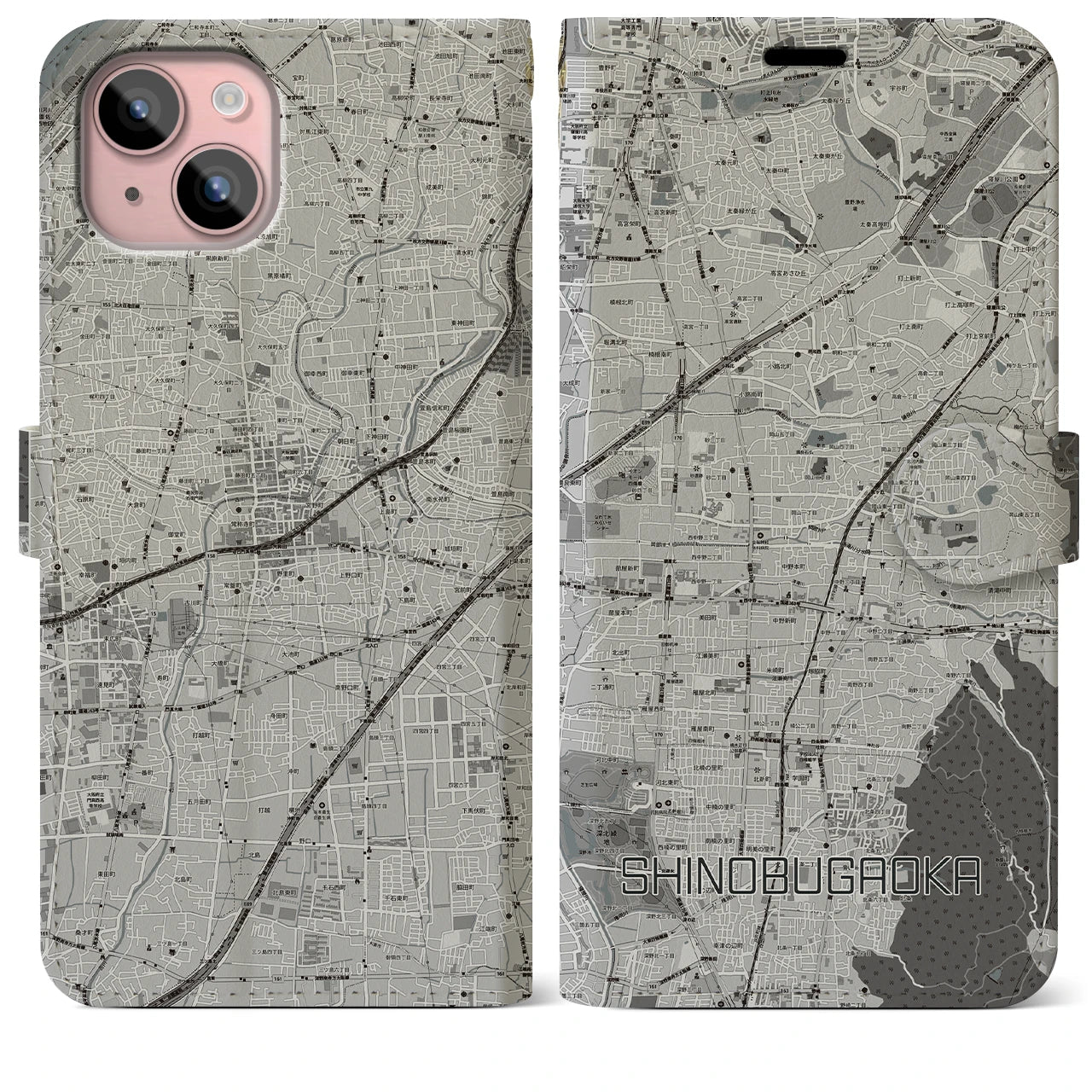 【忍ケ丘(大阪府)】地図柄iPhoneケース(手帳タイプ)モノトーン・iPhone 15 Plus 用