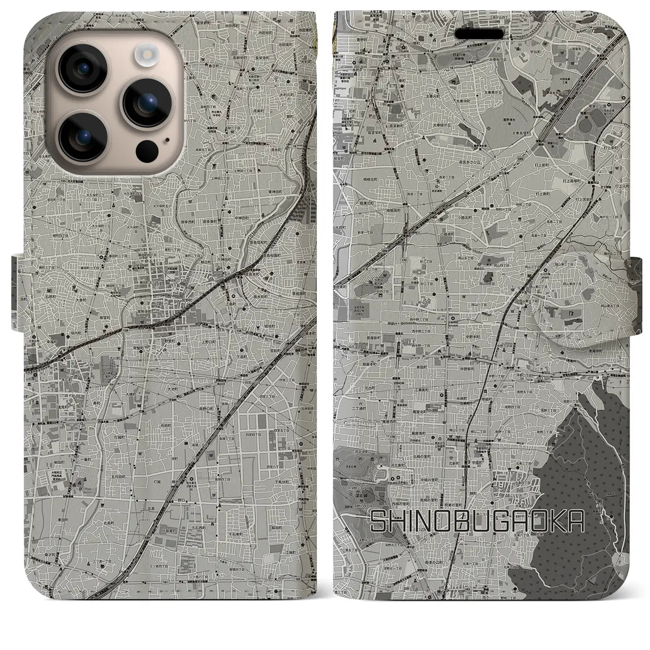 【忍ケ丘(大阪府)】地図柄iPhoneケース(手帳タイプ)モノトーン・iPhone 16 Plus 用