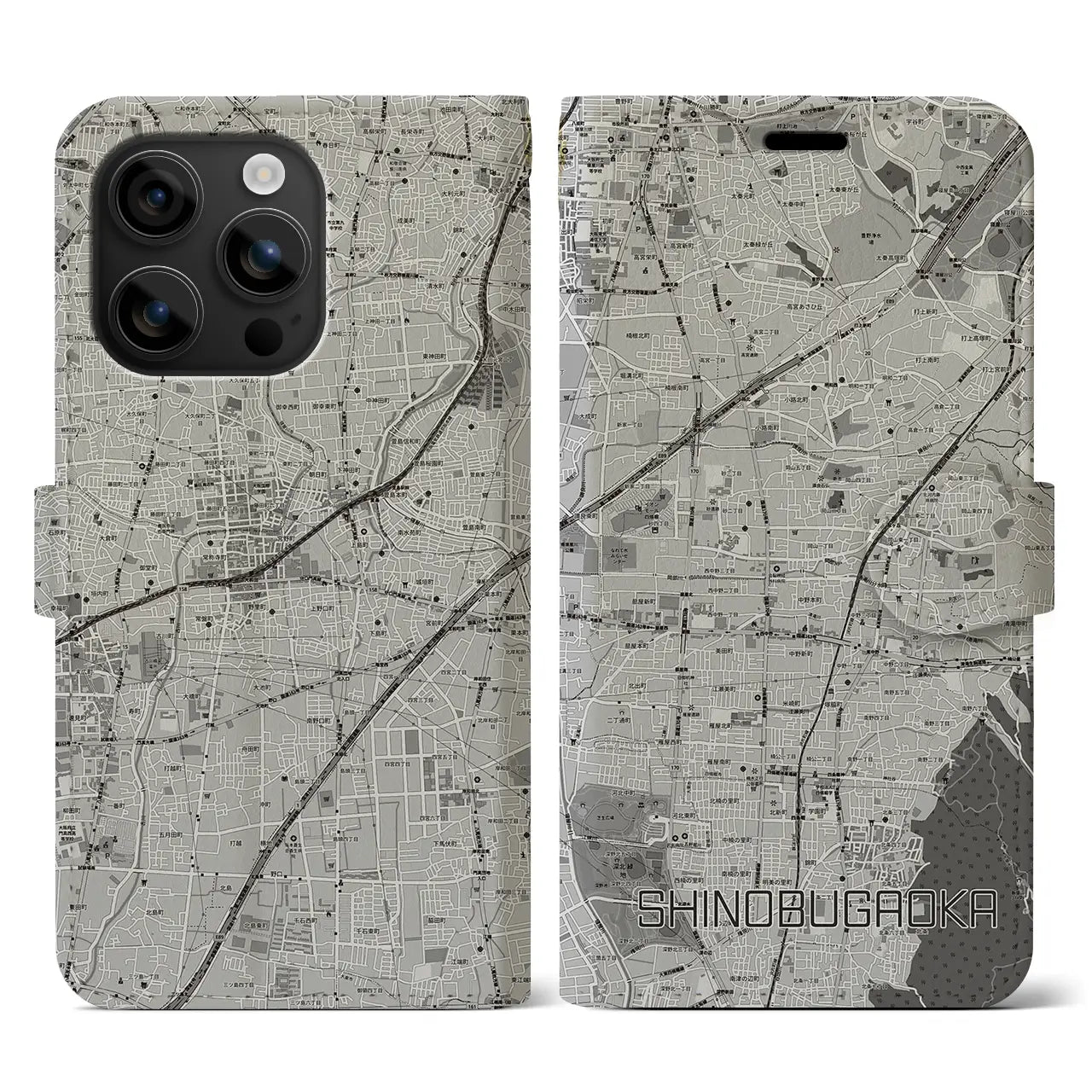 【忍ケ丘(大阪府)】地図柄iPhoneケース(手帳タイプ)モノトーン・iPhone 16 用