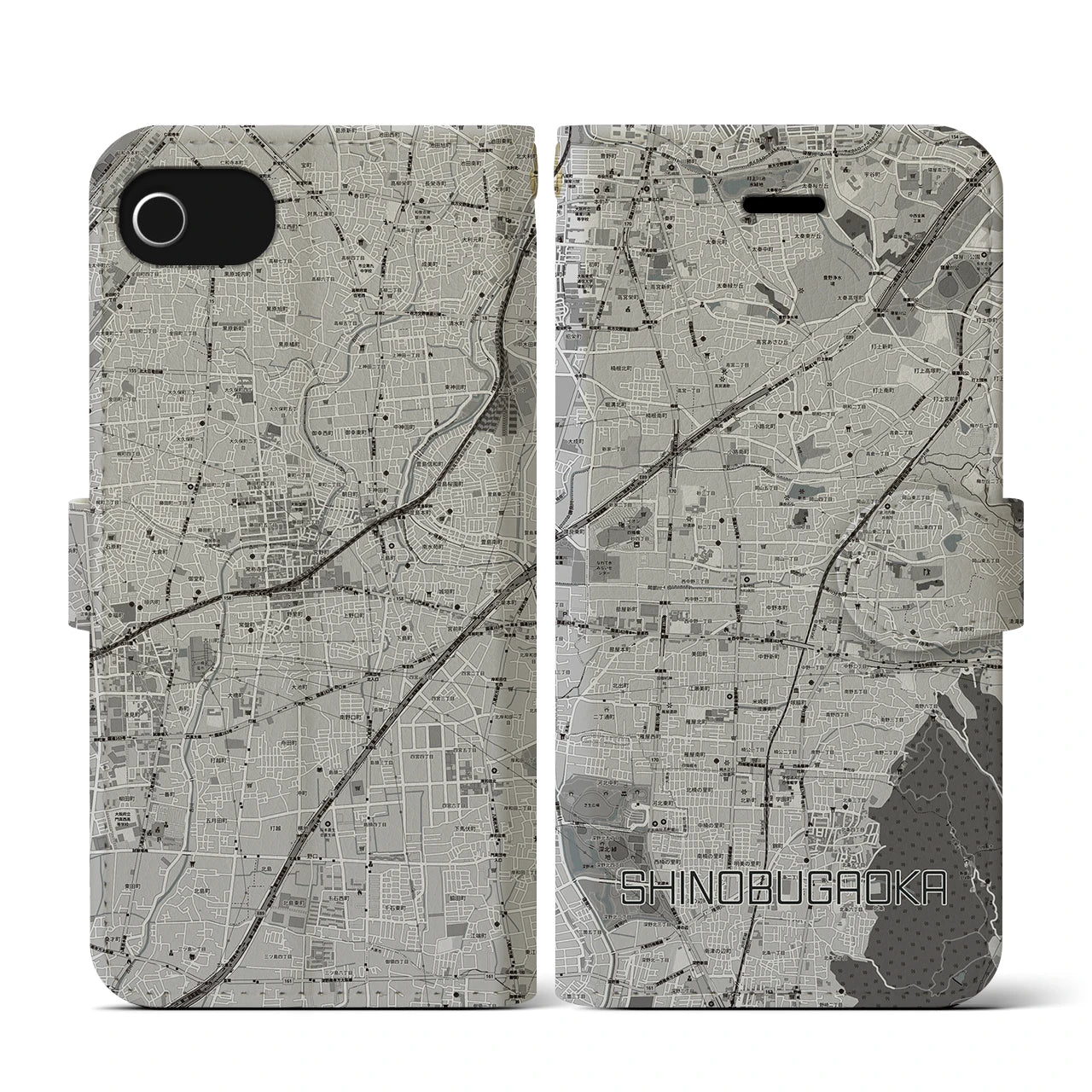 【忍ケ丘(大阪府)】地図柄iPhoneケース(手帳タイプ)モノトーン・iPhone SE(第3 / 第2世代) / 8 / 7 / 6s / 6 用