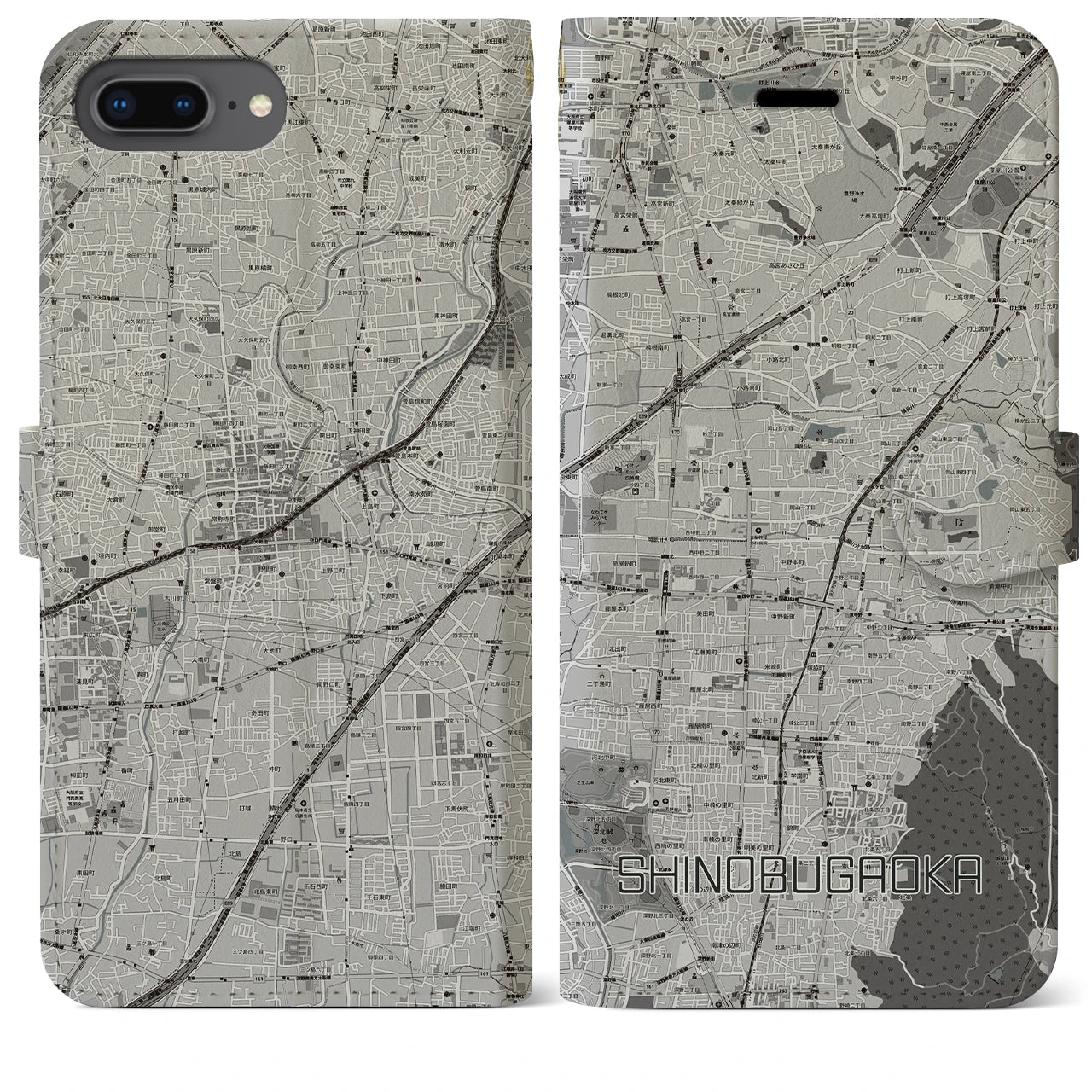 【忍ケ丘(大阪府)】地図柄iPhoneケース(手帳タイプ)モノトーン・iPhone 8Plus /7Plus / 6sPlus / 6Plus 用