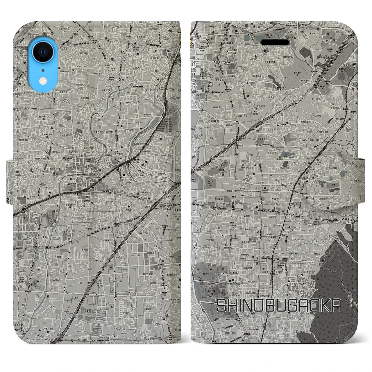 【忍ケ丘(大阪府)】地図柄iPhoneケース(手帳タイプ)モノトーン・iPhone XR 用