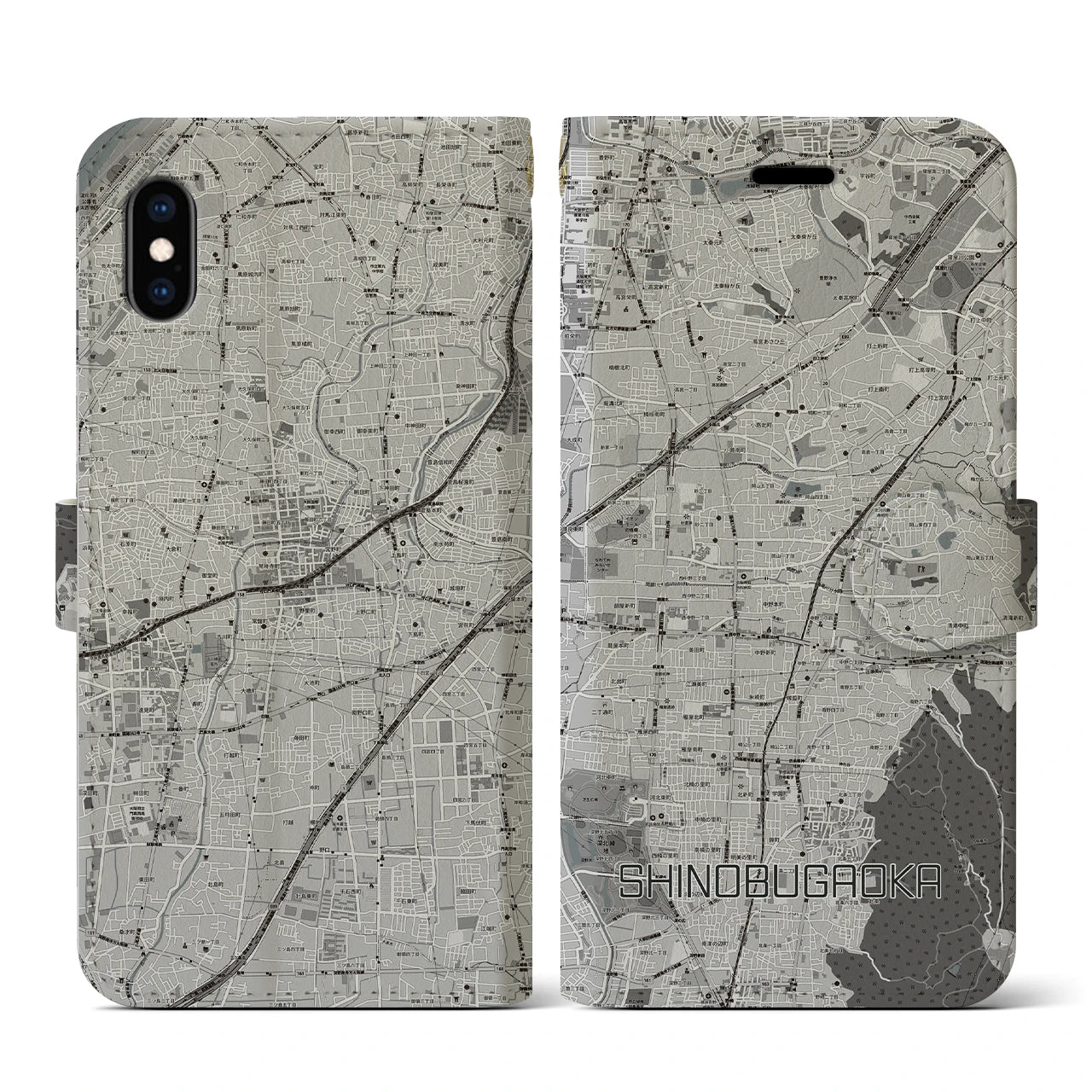 【忍ケ丘(大阪府)】地図柄iPhoneケース(手帳タイプ)モノトーン・iPhone XS / X 用