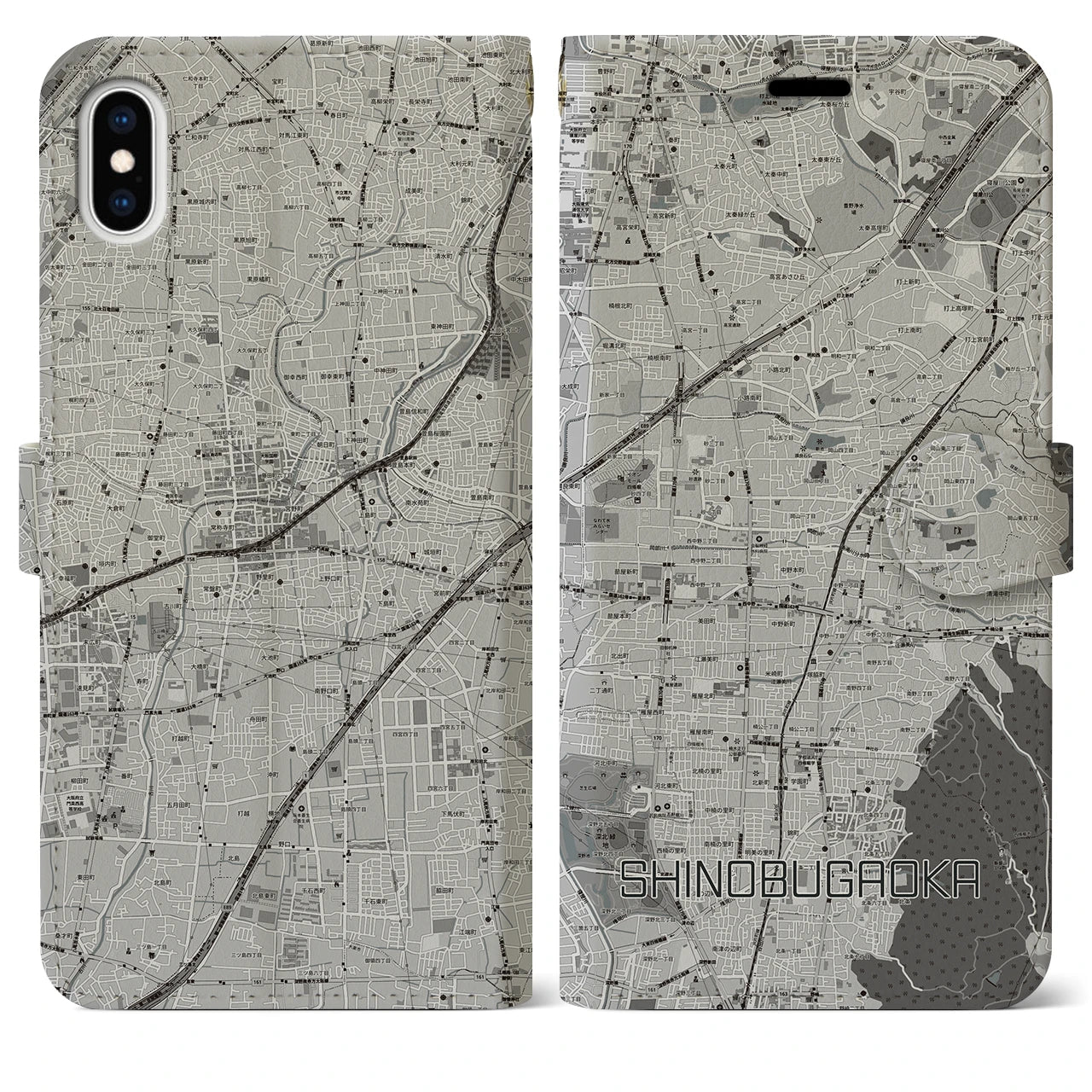 【忍ケ丘(大阪府)】地図柄iPhoneケース(手帳タイプ)モノトーン・iPhone XS Max 用