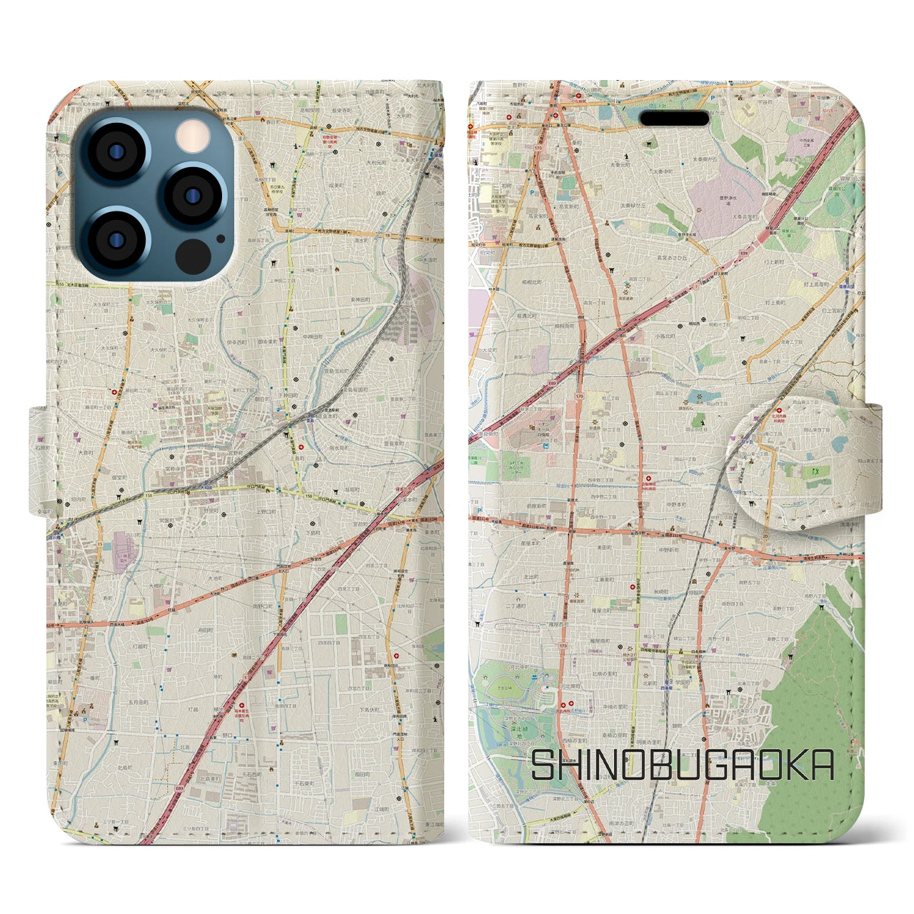 【忍ケ丘(大阪府)】地図柄iPhoneケース(手帳タイプ)