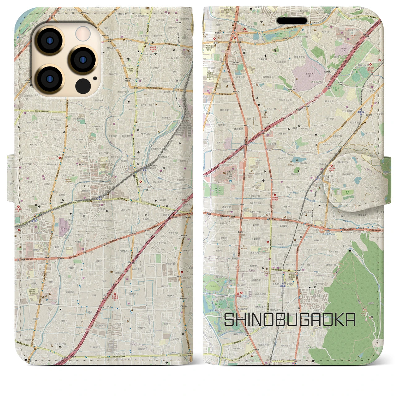 【忍ケ丘(大阪府)】地図柄iPhoneケース(手帳タイプ)