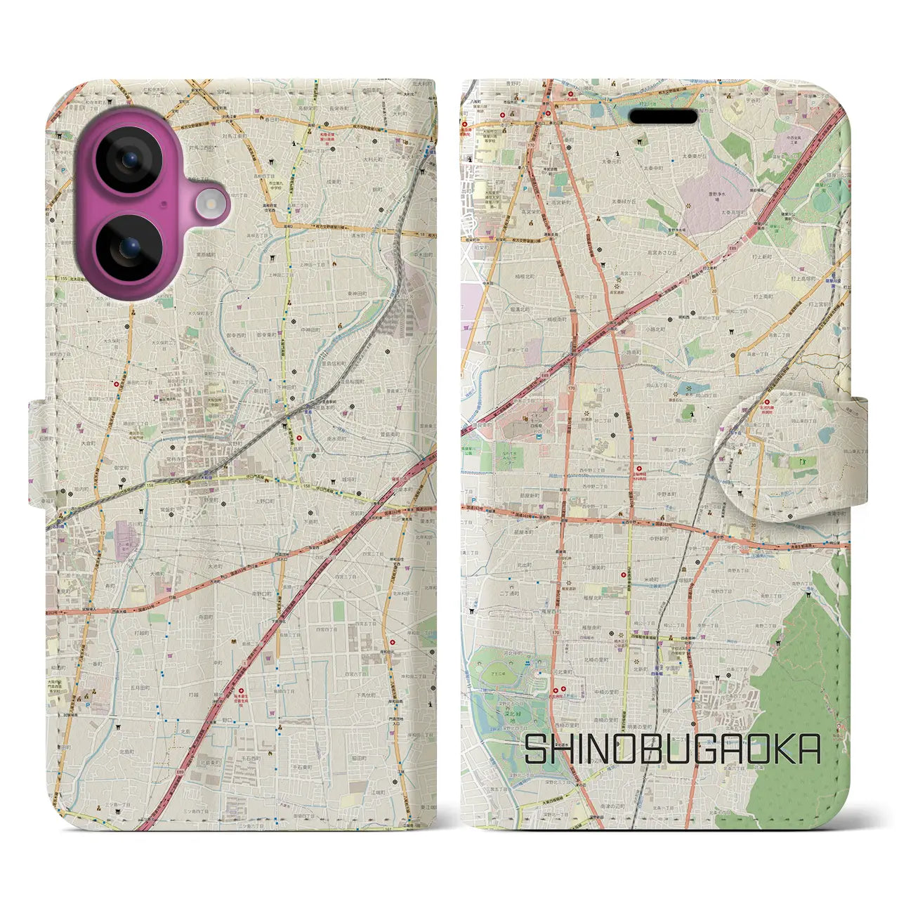 【忍ケ丘(大阪府)】地図柄iPhoneケース(手帳タイプ)ナチュラル・iPhone 16 Pro 用