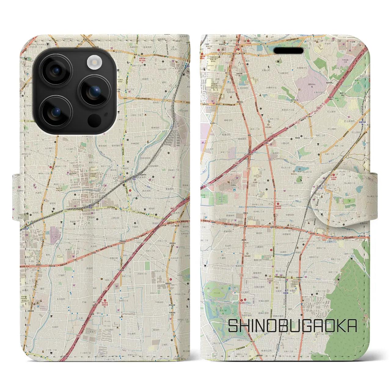 【忍ケ丘(大阪府)】地図柄iPhoneケース(手帳タイプ)