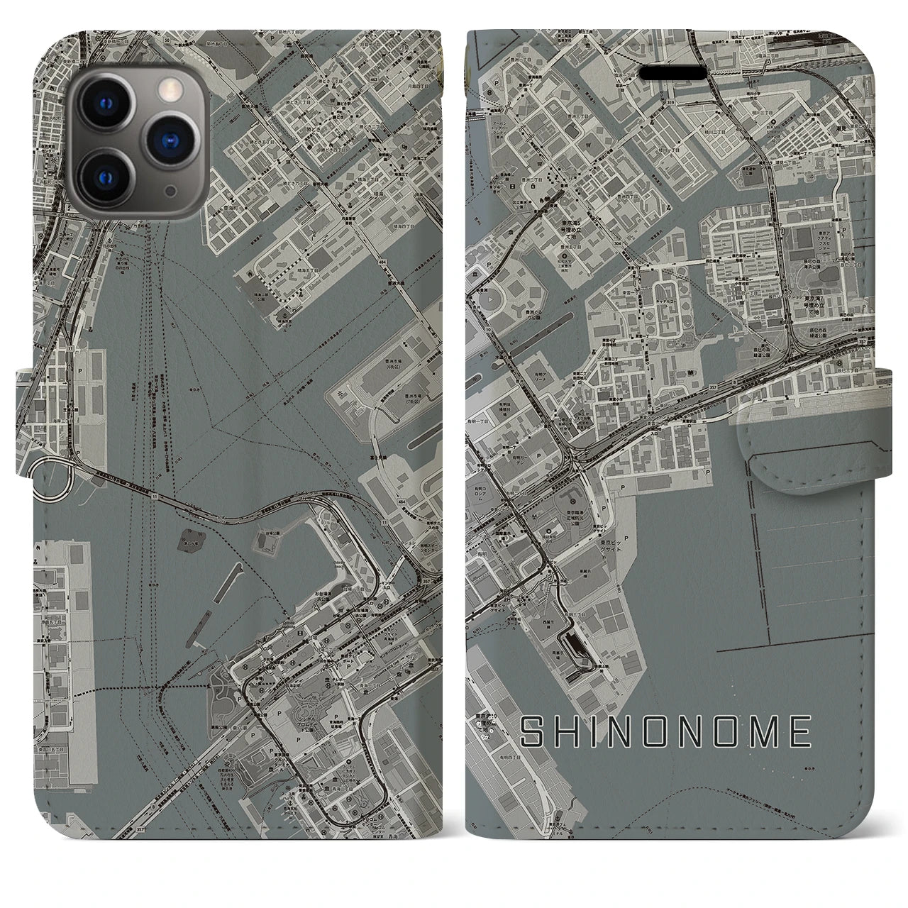 【東雲(東京都)】地図柄iPhoneケース(手帳タイプ)モノトーン・iPhone 11 Pro Max 用