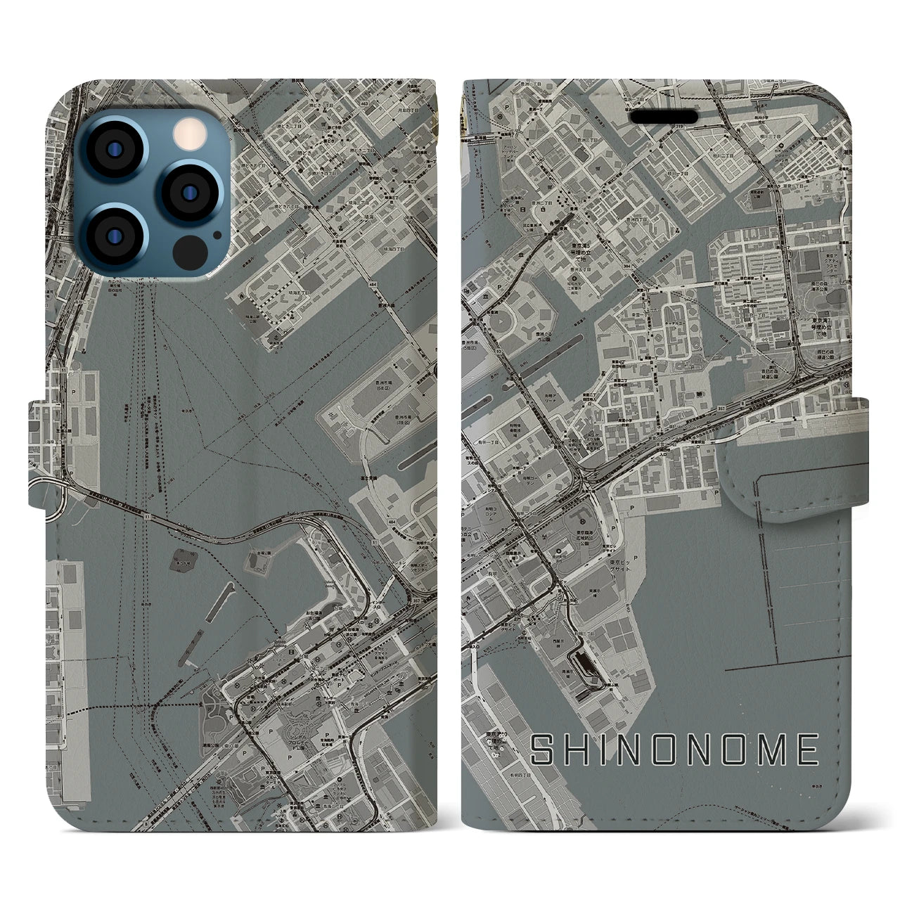 【東雲(東京都)】地図柄iPhoneケース(手帳タイプ)モノトーン・iPhone 12 / 12 Pro 用