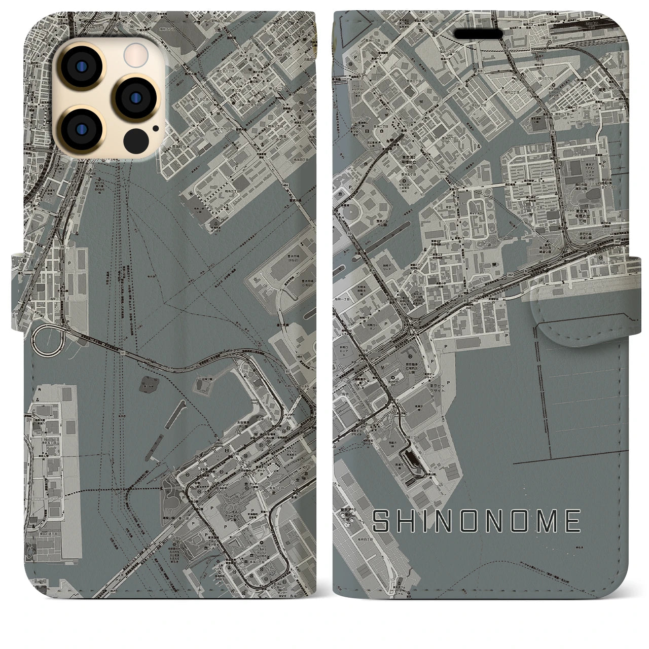 【東雲(東京都)】地図柄iPhoneケース(手帳タイプ)モノトーン・iPhone 12 Pro Max 用