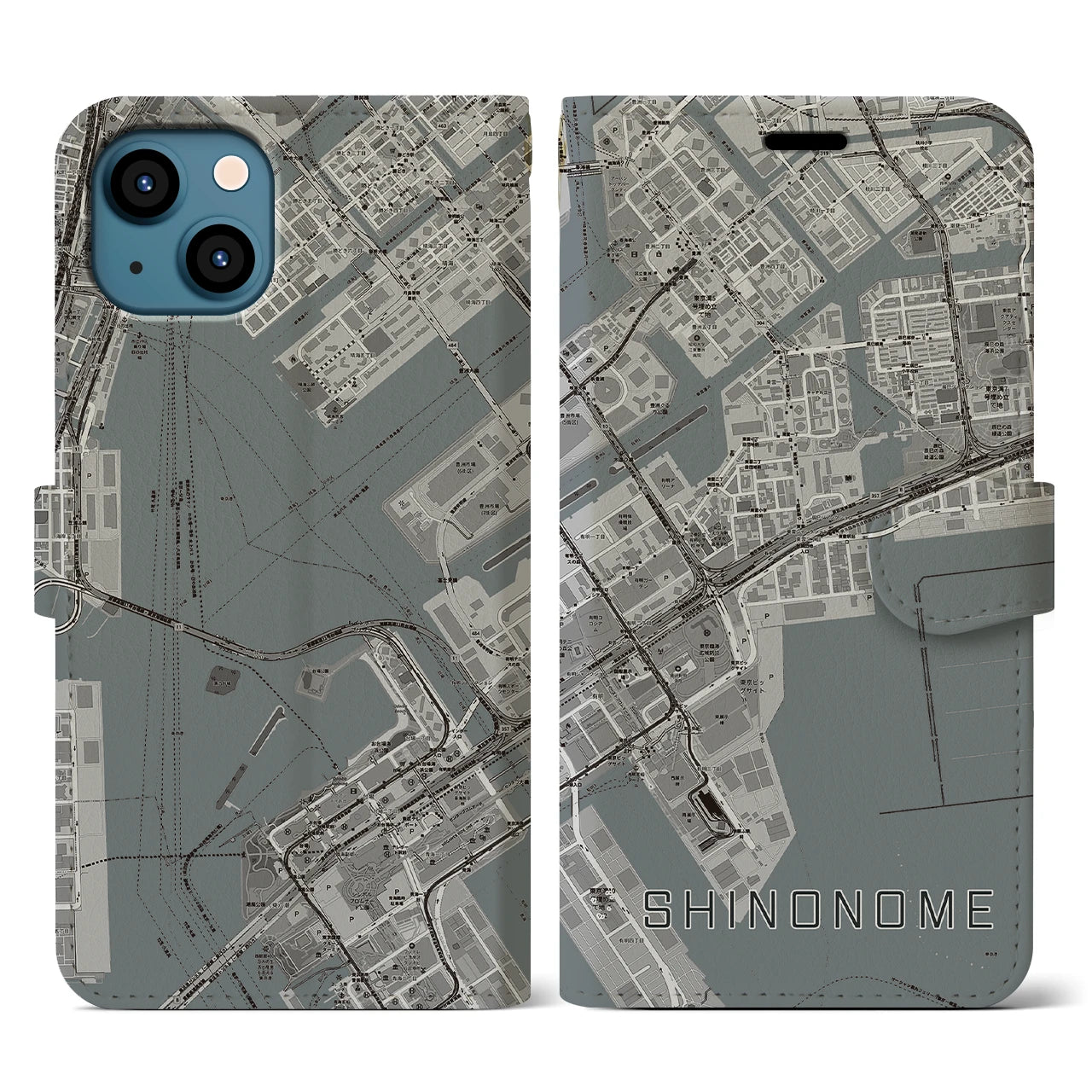 【東雲(東京都)】地図柄iPhoneケース(手帳タイプ)モノトーン・iPhone 13 用