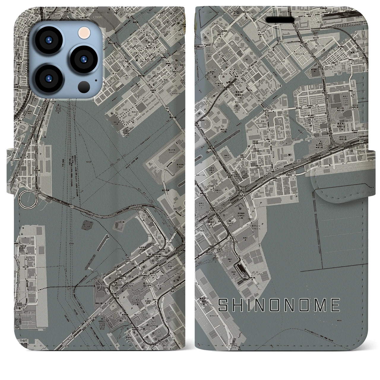 【東雲(東京都)】地図柄iPhoneケース(手帳タイプ)モノトーン・iPhone 13 Pro Max 用