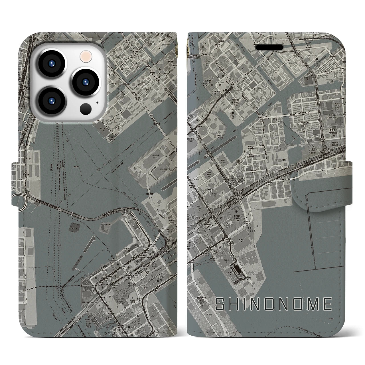 【東雲(東京都)】地図柄iPhoneケース(手帳タイプ)モノトーン・iPhone 13 Pro 用