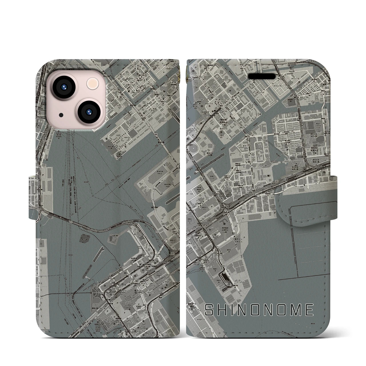 【東雲(東京都)】地図柄iPhoneケース(手帳タイプ)モノトーン・iPhone 13 mini 用