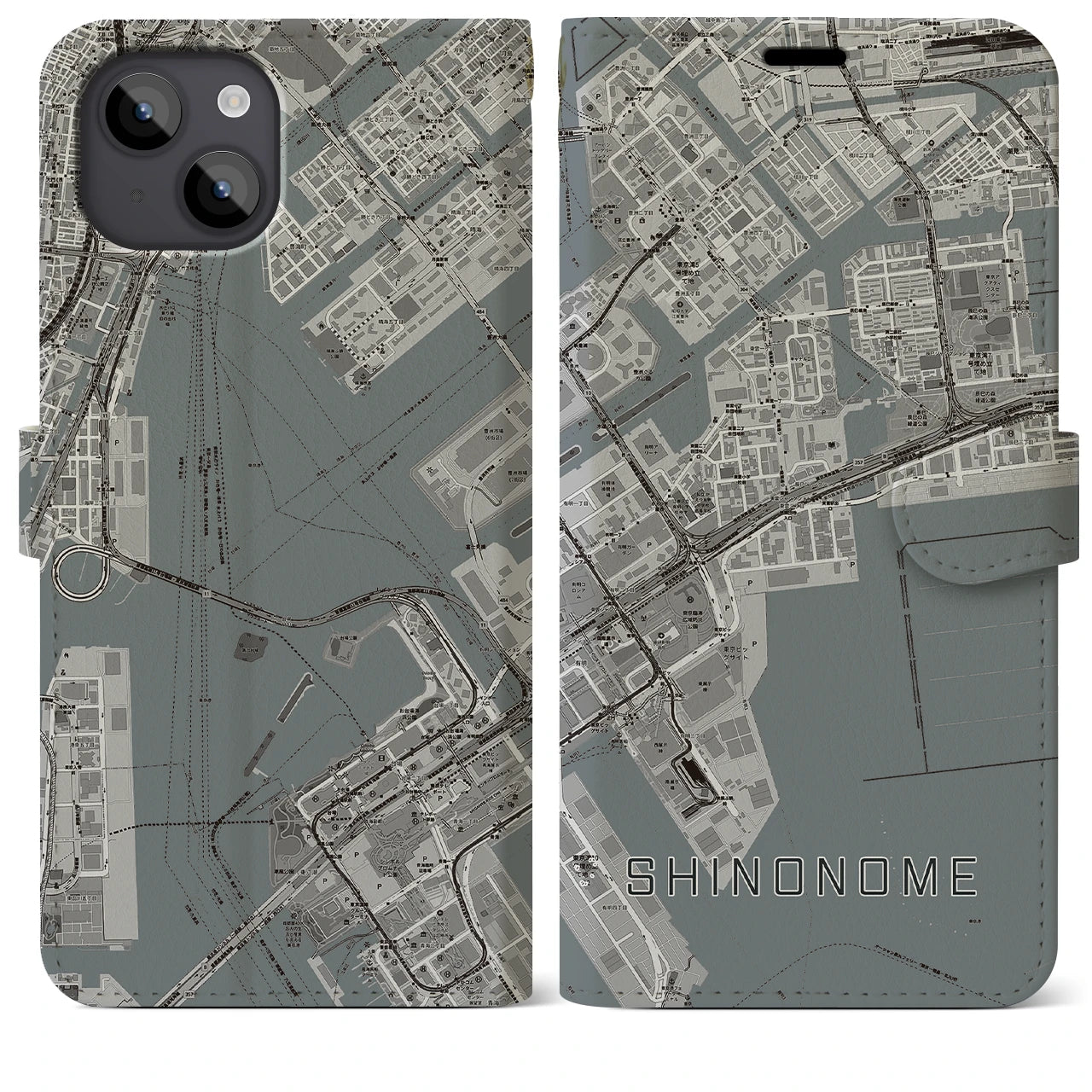 【東雲(東京都)】地図柄iPhoneケース(手帳タイプ)モノトーン・iPhone 14 Plus 用