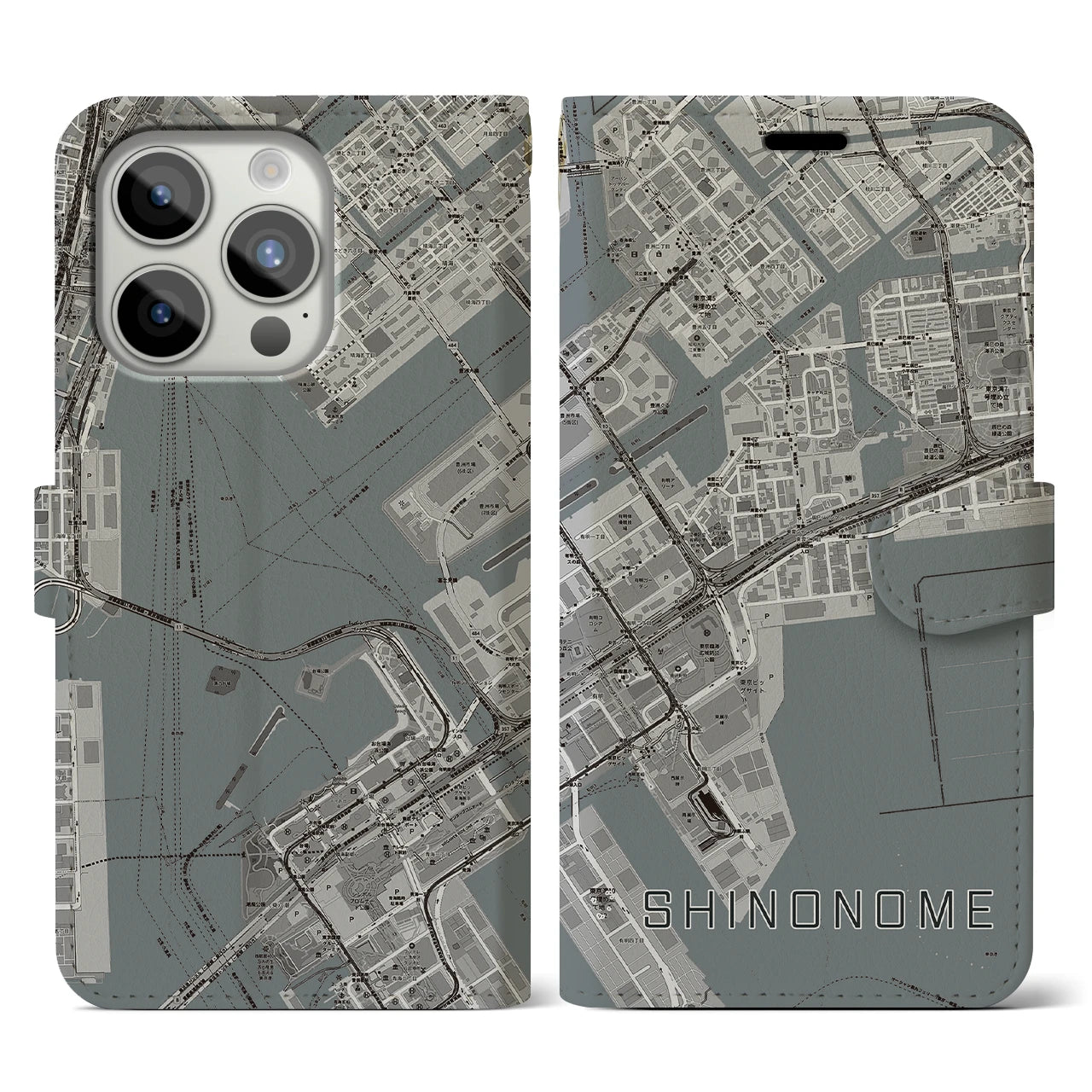 【東雲(東京都)】地図柄iPhoneケース(手帳タイプ)モノトーン・iPhone 15 Pro 用