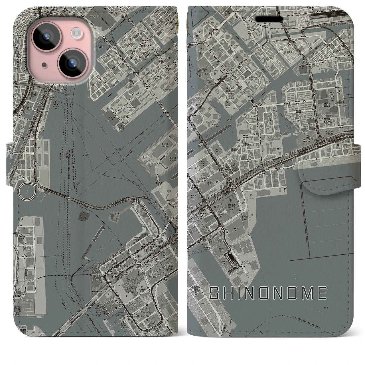 【東雲(東京都)】地図柄iPhoneケース(手帳タイプ)モノトーン・iPhone 15 Plus 用