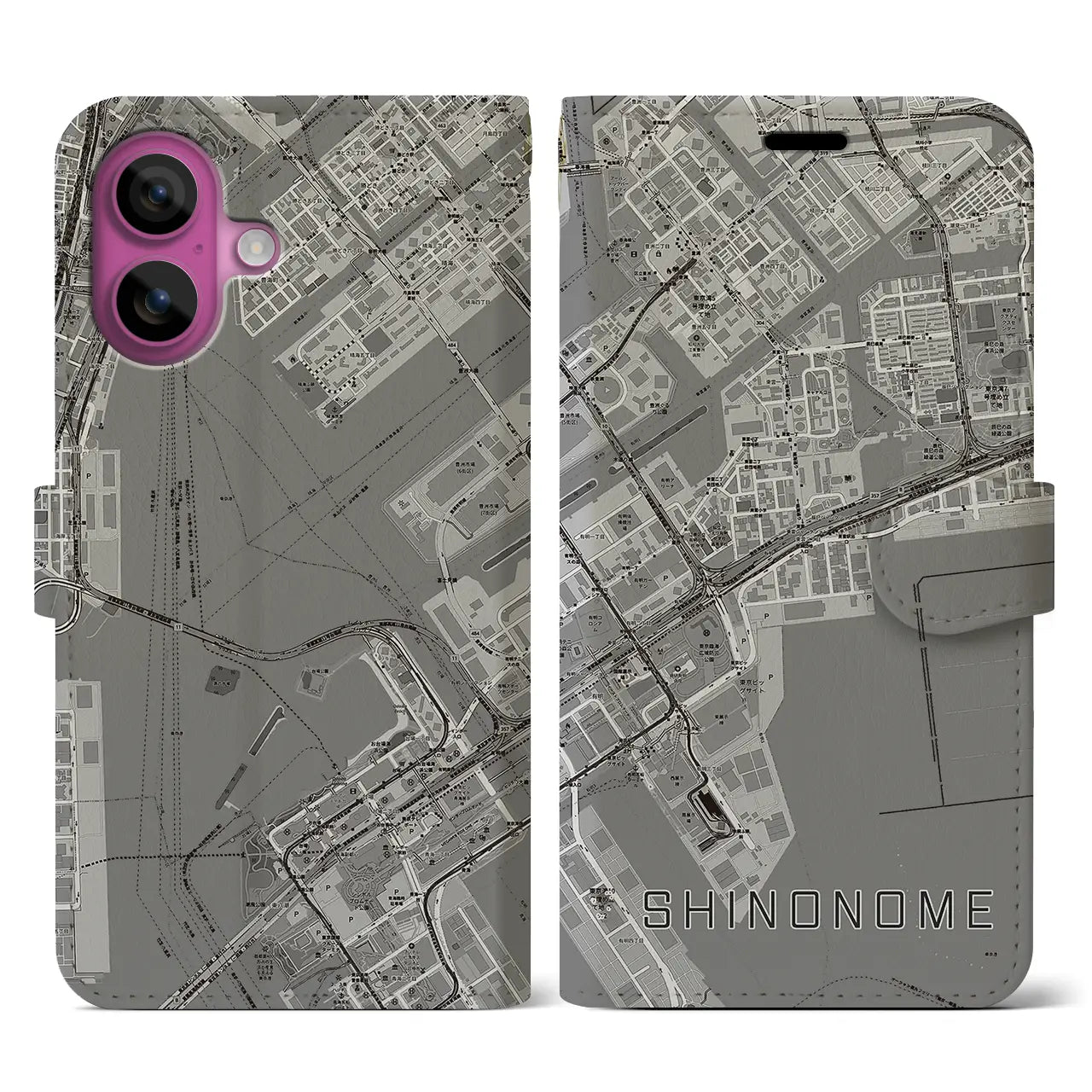 【東雲(東京都)】地図柄iPhoneケース(手帳タイプ)モノトーン・iPhone 16 Pro 用