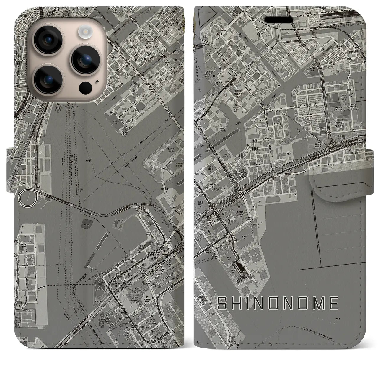 【東雲(東京都)】地図柄iPhoneケース(手帳タイプ)モノトーン・iPhone 16 Plus 用