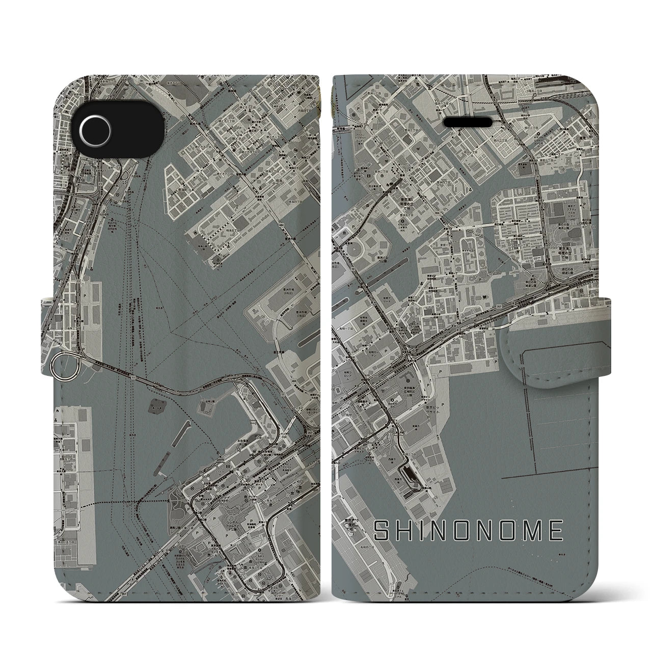 【東雲(東京都)】地図柄iPhoneケース(手帳タイプ)モノトーン・iPhone SE(第3 / 第2世代) / 8 / 7 / 6s / 6 用
